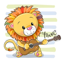 Glasschilderij Kinderkamer Cartoon Lion speelt gitaar
