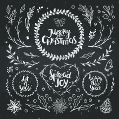Rustic Christmas set with floral elements and wreaths on a chalkboard. Set of vector Christmas elements.