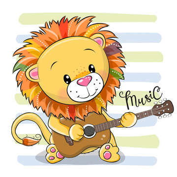 Cartoon Lion is playing guitar