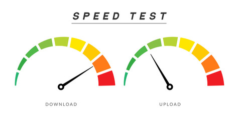 Speed test internet measure. Speedometer icon fast upload download rating. Quick level tachometer accelerate