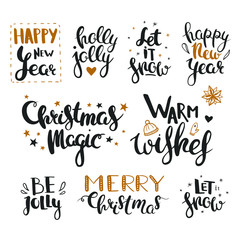 Christmas and New Year greetings. Vector lettering for Christmas greeting cards isolated on white. Merry Christmas, Happy New Year, Let it Snow, Holly Jolly, Warm Wishes.