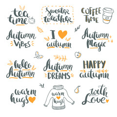 Autumn lettering and doodles. Vector lettering isolated on white background: hello autumn, happy autumn, coffee time and other phrases for fall seasonal decorations.