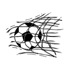 The soccer ball quickly flies, a strong blow, the net of the football goal is torn. Sketch of a soccer ball.