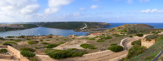 Fototapeta na wymiar Panorama of Cala Teulera Bay near La Mola Fortress on the island of Menorca, Spain