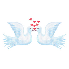 watercolor white doves kiss love and red hearts birds valentine's day wedding
