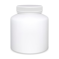 Supplement bottle. Pill jar mockup. Aspirin medicine package 3d design. Pharmaceutical container medical blank. Pharmacy tablet or capsule can template closeup. Realistic round packaging