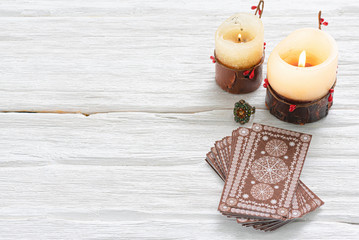 Tarot cards on white table of fortune teller. Divination. Future reading concept.