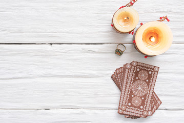 Tarot cards on white table of fortune teller. Divination. Future reading concept.