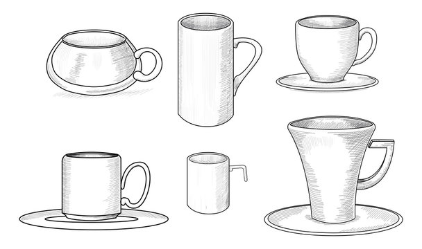 Set of vector illustrations of coffee cups of 6 pieces in pencil style.