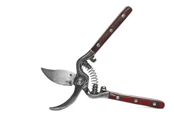 New metal garden scissors with wooden handle, retro style isolated on white background