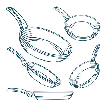 Frying pan. Frying pans hand drawn vector illustrations set. Frying pans sketch drawing icons in different angles. Part of set.