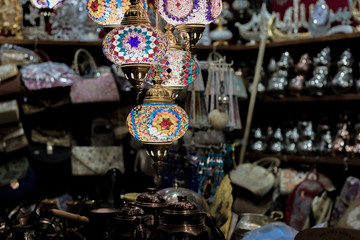 Multicolored glass lamps in the Eastern Bazaar. Oriental style