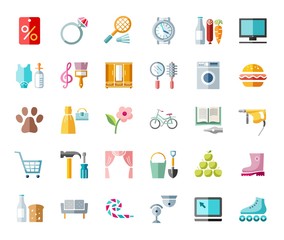 Shops, colored icons, flat, vector. Different product categories.   