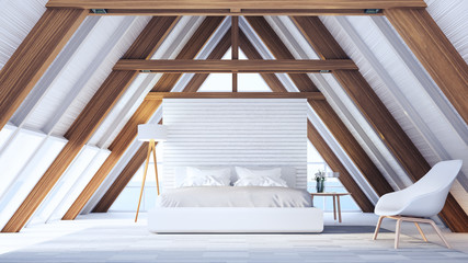 Beach bedroom in A frame wooden house - easy and relax / 3D rendering interior