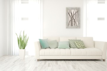 Stylish room in white color with sofa. Scandinavian interior design. 3D illustration