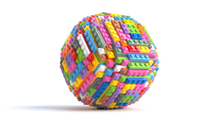 Colored toy bricks in form of sphere isolated on white background