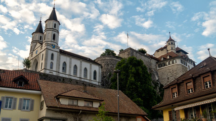 Fototapeta na wymiar Aarburg Castle historical medieval castle and church, Switzerland