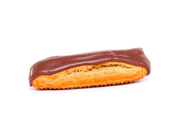 French Eclair with Chocolate brown Glaze. Eclairs with Custard isolated on white Background, top View