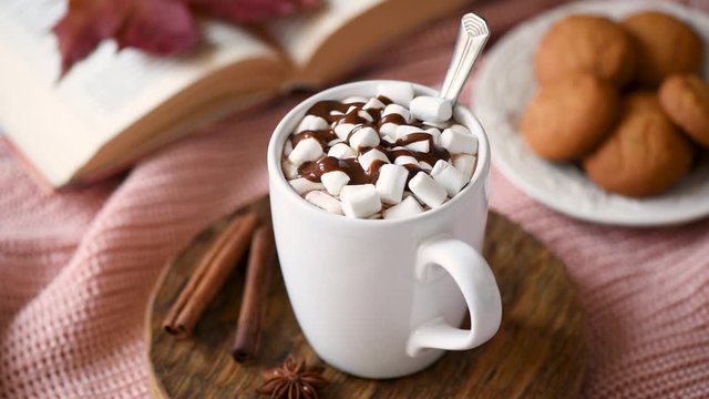 Put mug of hot chocolate with marshmallows and cinnamon on table. Hot beverage autumn winter comfort food