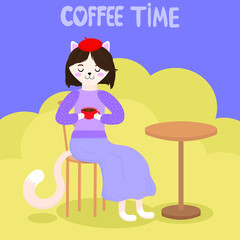 Vector graphics. Cute cartoon illustration of french cat with coffee mug. Funny character. Handwritten text. 