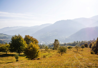 Beautiful autumn mountain forest landscape. Clouds over the rocks.