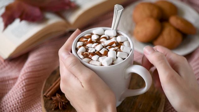 Put mug of hot chocolate with marshmallows and cinnamon on table. Hot beverage autumn winter comfort food