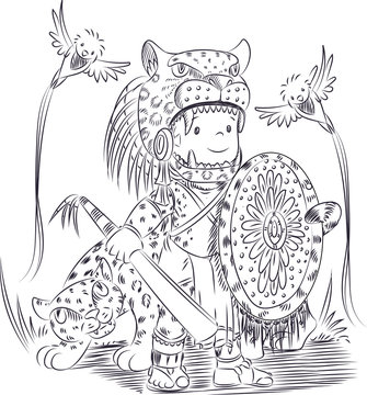  Prehispanic Mexico, Jaguar Man, cute cartoon.