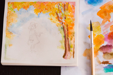 Unfinished colorful watercolor painting of little girl surrounded by autumn landscape flying yellow and red leaves 