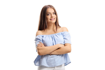 Young woman with off shoulder top