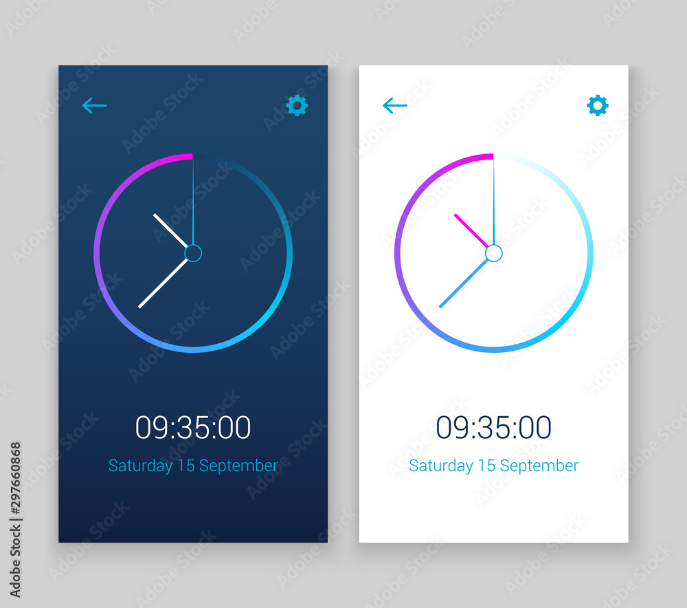 Poster clock mobile app concept ui design day and night. clock user interface time vector widget design mod