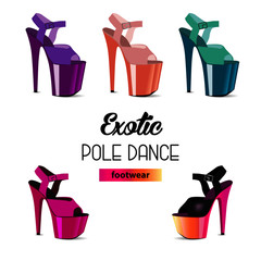High heels shoes with different colors for exotic pole dance on a white background