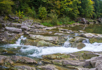 Beautiful mountain river with a fast flow. Large stones with rocks in the middle of a green forest.