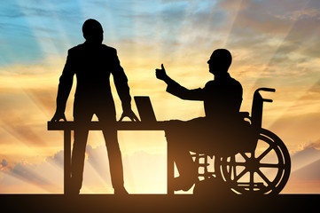 Fototapeta na wymiar Silhouette of a disabled man in a wheelchair shows a gesture like his colleague at work