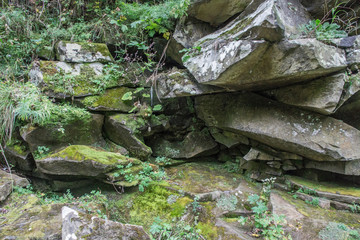 Beautiful mountain river with a fast flow. Large stones with rocks in the middle of a green forest.