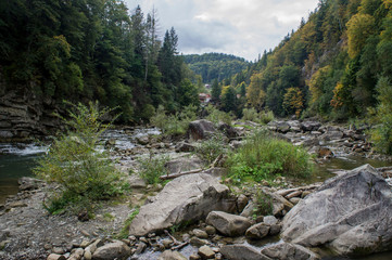 Fototapeta na wymiar Beautiful mountain river with a fast flow. Large stones with rocks in the middle of a green forest.
