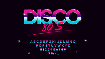 Retrowave synthwave vector font in 1980s style. Retro design letters, numbers, symbols and set of lens flare on dark background. Type for flyer, banner, poster, cover, etc. Eps 10 - obrazy, fototapety, plakaty