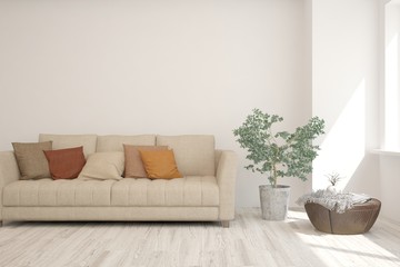 Stylish room in white color with sofa. Scandinavian interior design. 3D illustration