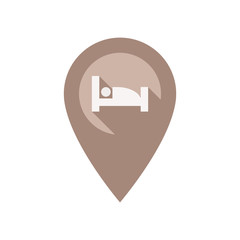 Location pin for hotel, hostel room with long shadow effect. Location marker for bed, logging colorful vector icon.