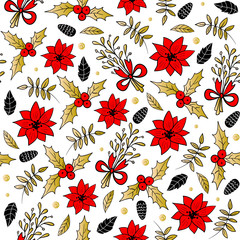 Materiał do szycia Seamless Christmas pattern with pine cones, poinsettia, mistletoe and tree branches. Vector illustration.