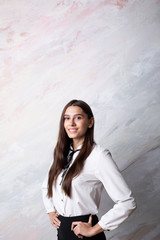 Business woman in a black and white clothes.