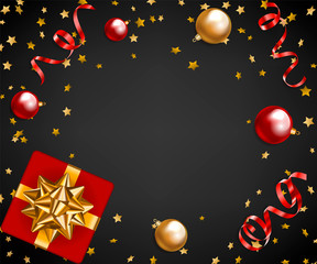 Christmas card with golden baubles, red gift boxes and serpentine streamer son black background