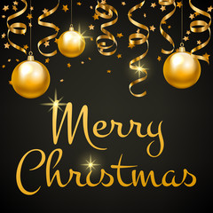 Merry Christmas and Happy New Year card with golden baubles, serpentine streamers and stars on black background