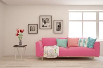 Stylish room in white color with sofa. Scandinavian interior design. 3D illustration