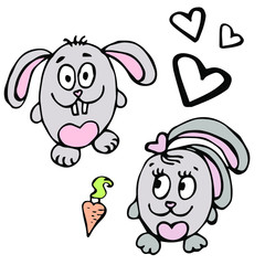 Bunny rabbits.Hand-drawn grey cute rabbits with carrot and hearts. Vector illustration. Funny bunnies isolated on white. Clip art. Doodle. Design for kids and Valentines day. Scandinavian style.Trendy