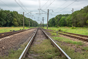 Three railway tracks merge together on deciduous forest background. Industrial landscape