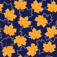 Vector seamless orange maple leaf pattern on blue background