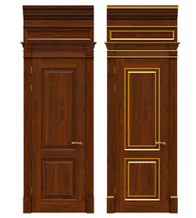 Classic wooden door with cast-iron parts, cornices and platbands