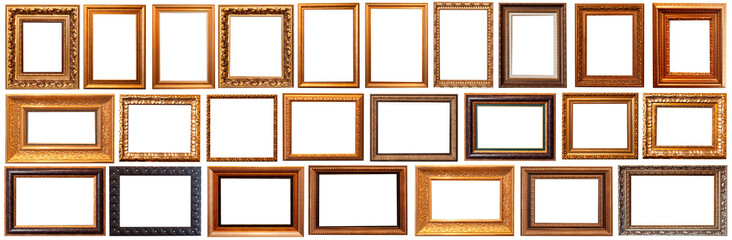 Collection of golden picture frames isolated on white background set
