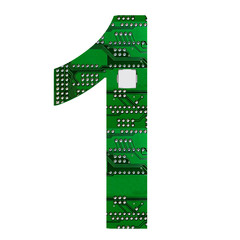 Number 1, Alphabet in circuit board style. Digital hi-tech letter isolated on white. 3d illustration