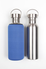 metal steel water flasks on white background